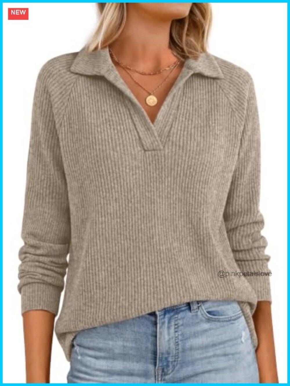Women's Ribbed Knit Long Sleeve Polo Top V-Neck Pullover Fall Casual